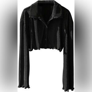 Women's Long Sleeve Button Down Ruffle Hem Textured Neck Blouse sz Large